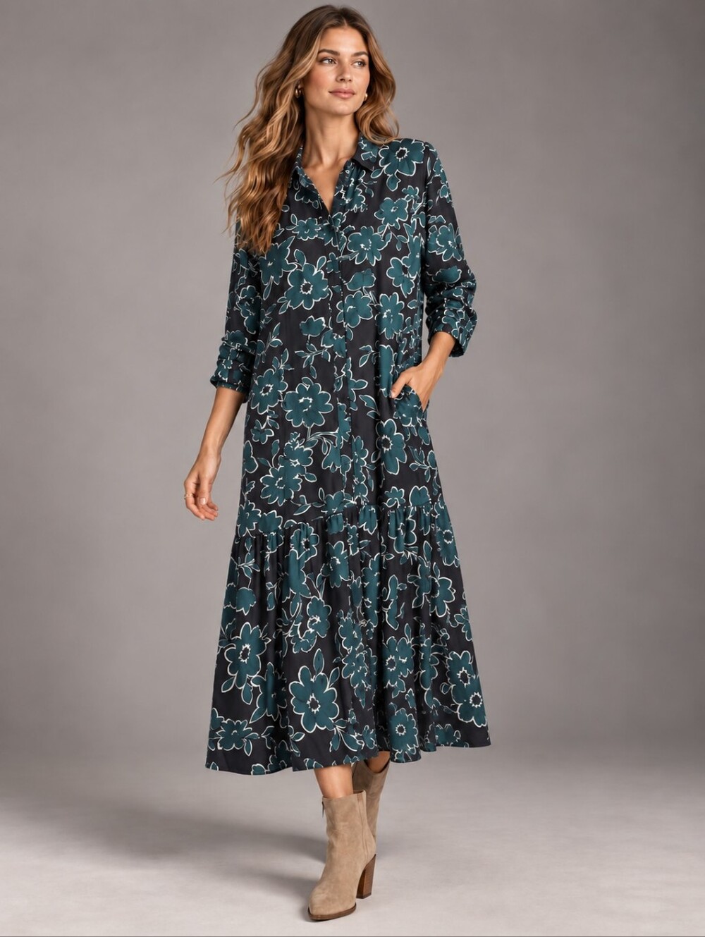 VILA Floral Tiered Midi Dress Size 42 Teal Botanical Button Front